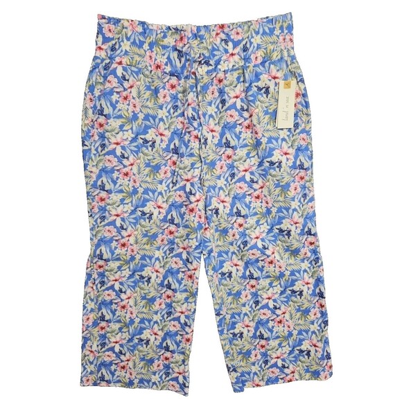 Land 'N Sea Women's Floral Linen Blend Crop Pull On Pants Blue Small S NWT New - Picture 1 of 12